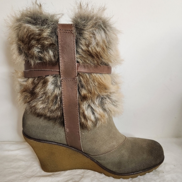 Suede Fur Wedge Heels Boots - Picture 4 of 16